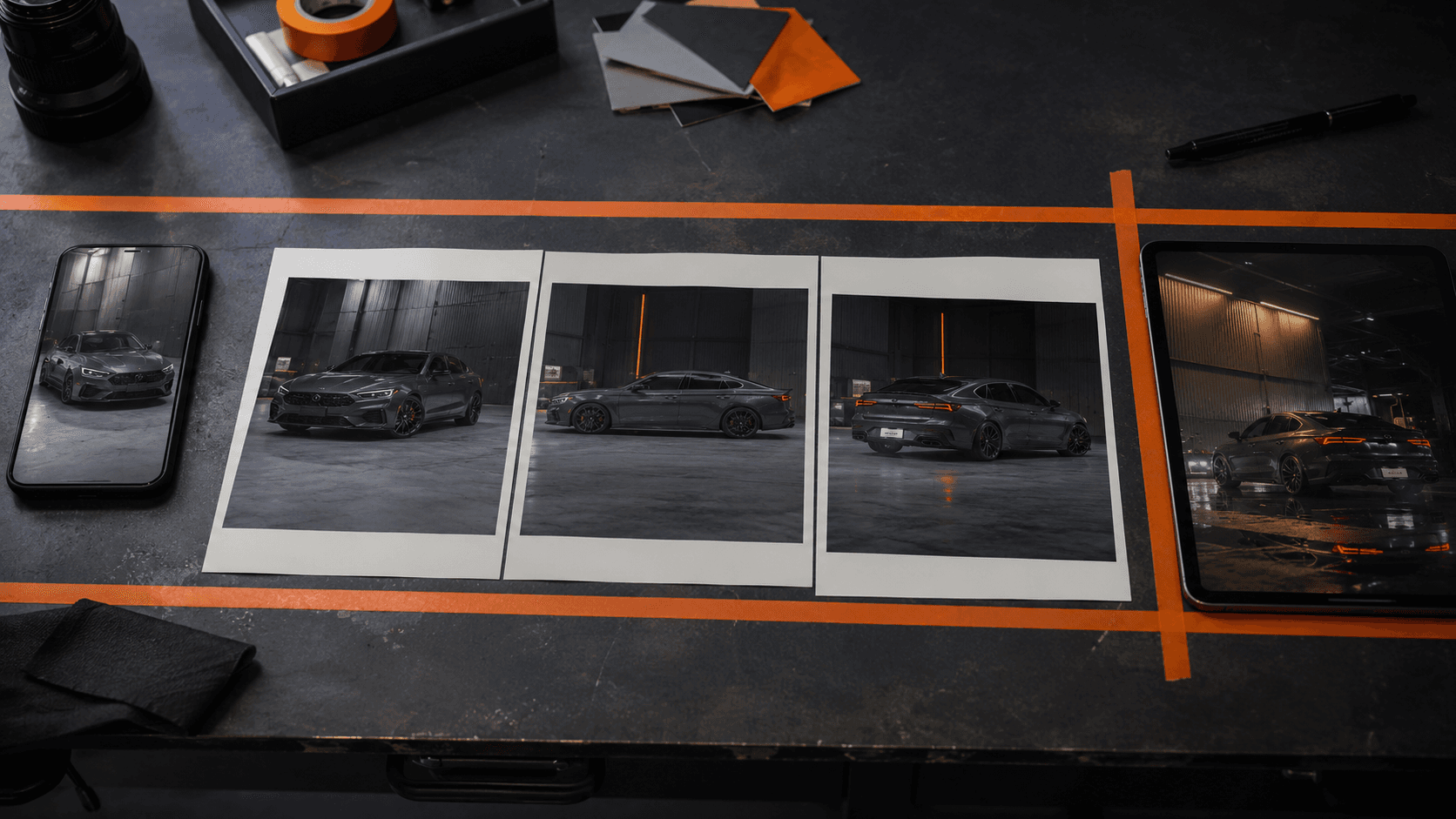 A vehicle listing workflow moving from phone photographs to gallery and motion output